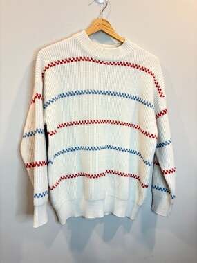 IMG Red and Blue Striped Ribbed Knit Mock Neck Pullover Sweater